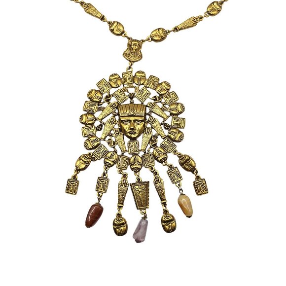 Goldette 1970s Egyptian Revival Gold Tone Necklace Cartouche & Scarab Motifs - Picture 3 of 16